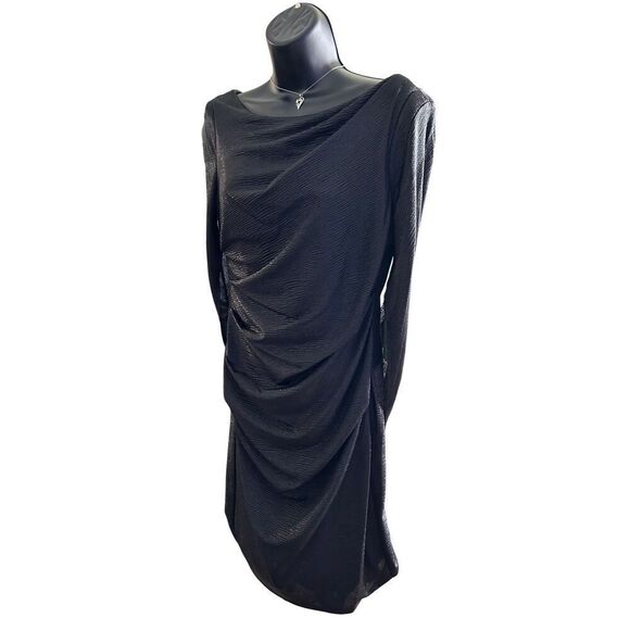 R&M Richards Women's Sz 8 Drape Back Metallic Knit Split Sleeve Short Dress Blck - Picture 6 of 16